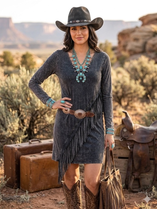 T party Dresses & Skirts - T-Party Charcoal Long Sleeve Fringe Dress with Studs - Size M